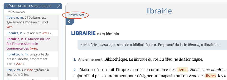Affichage du nombre d’occurrences du terme de recherche