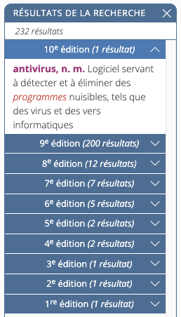 Liste des onglets par &eacute;ditions dans la liste des r&eacute;sultats